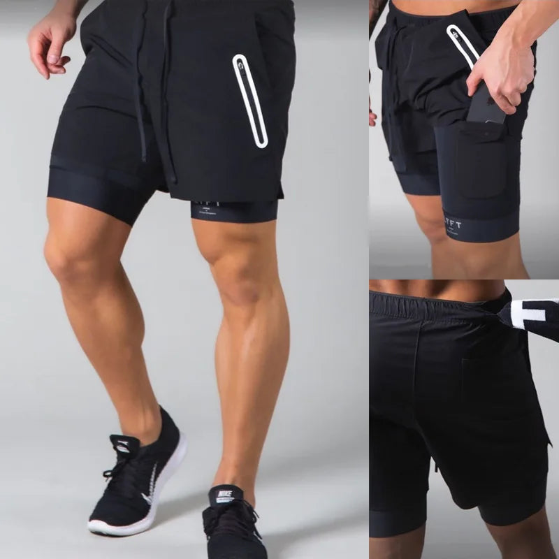 Double-deck fitness sports shorts men summer quick drying breathable woven Shorts Men's 2 IN 1training Gyms clothing