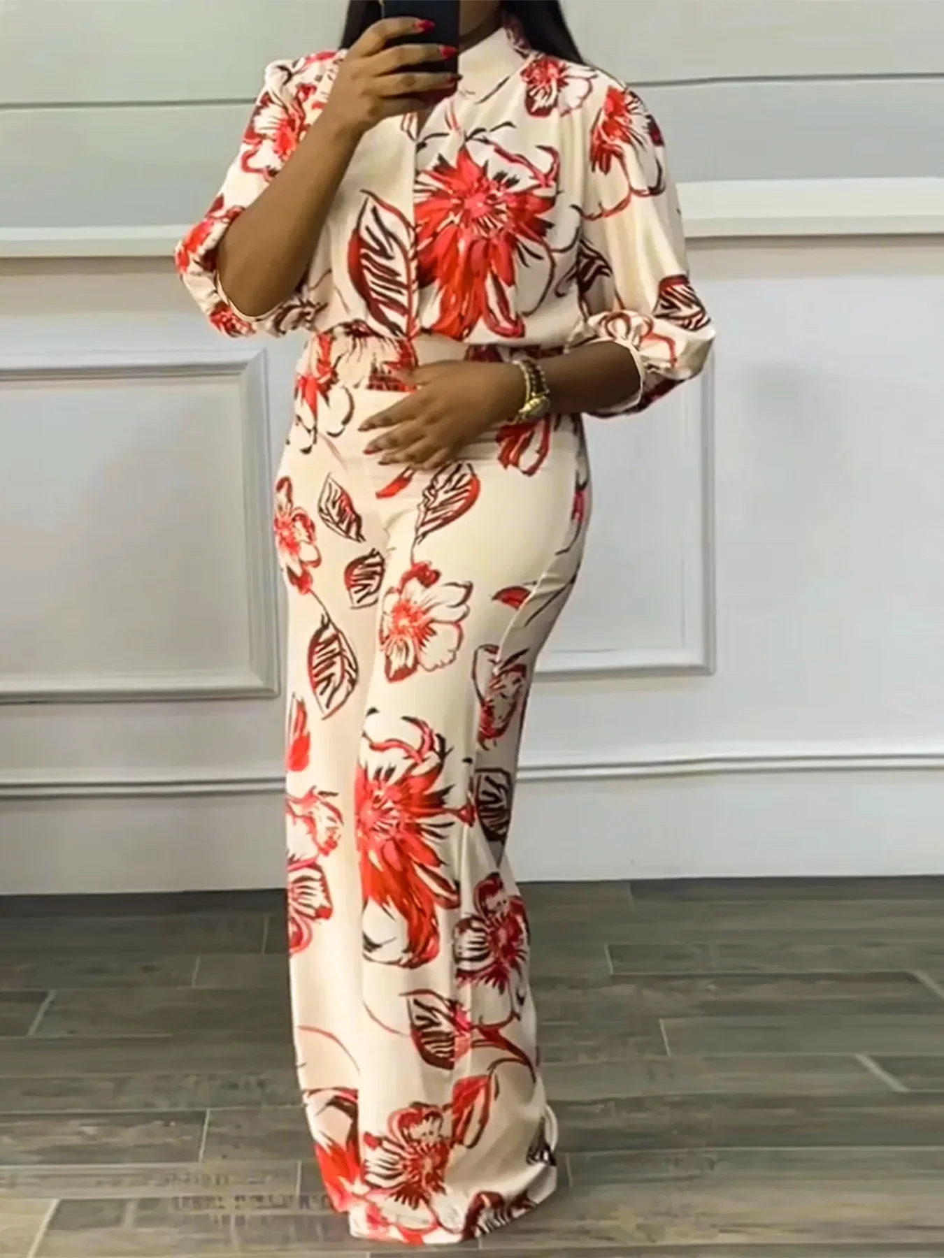 Women's Long Bottom Cross-Neck Suit, Bright  Fashion Flower Print Pattern, Waist-cinching Short Top, Plus Size, Spring  & Summer