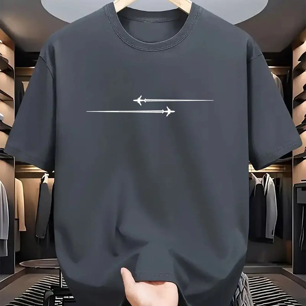 Summer Men's 100% Cotton Casual Loose Large Creative Airplane Pattern Printed Comfortable Sports Round Neck Short Sleeve T-shirt