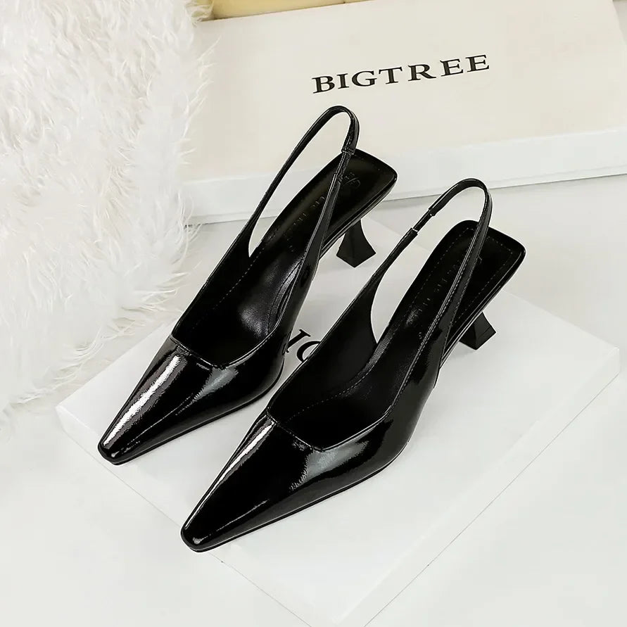 Women 6cm High Heels Retro Streetwear Catwalk Sandles Lady Daily Work Slingback Strap Elastic Mid Heels Glossy Leather Sandals