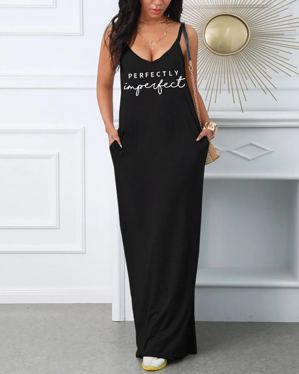 Women's PERFECTLY print V-neck strap sexy  Tee Shirts Casual dress Street Style Fleece  Casual Fashionable Crewneck Pullo