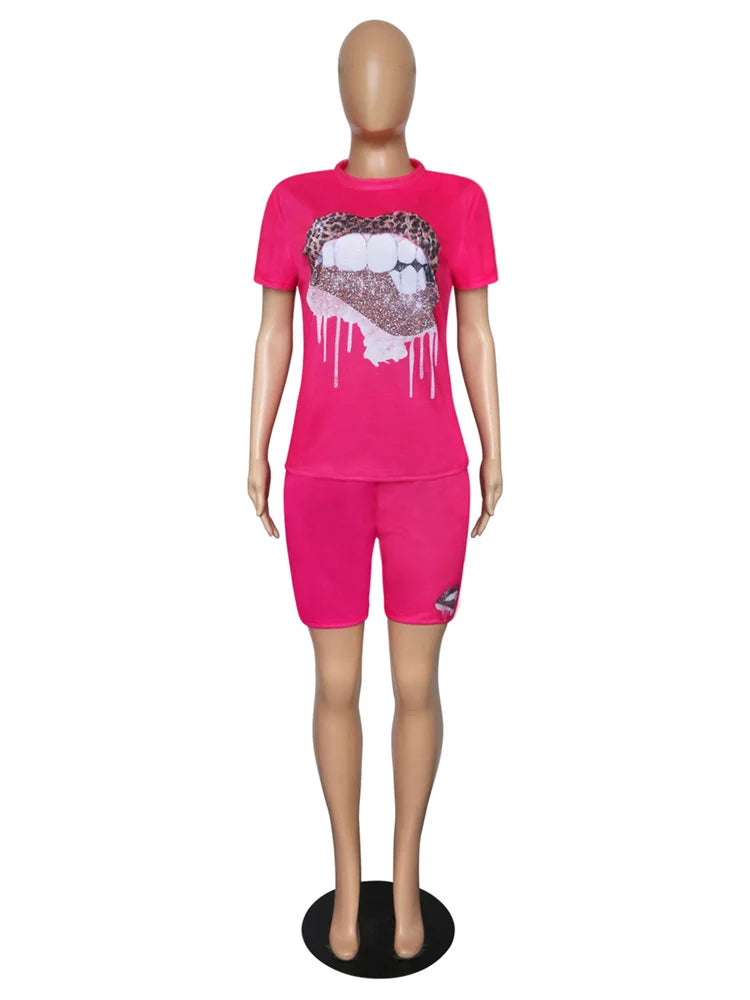 Wmstar Plus Size Two Piece Outfits for Women Tracksuit Shorts Sets  Lip Print Top Casual New In Matching Wholesale Dropshipping