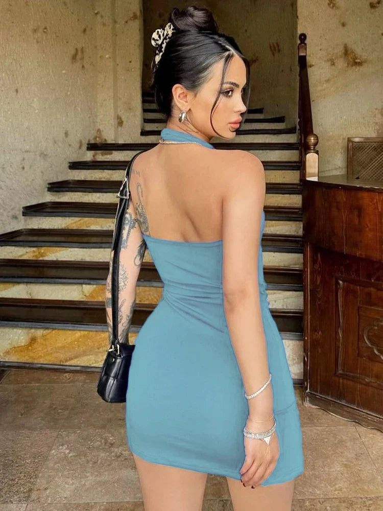 Halter Dress Seveless Backless Side Slit Neck-mounted Mini Dresses Knitted Sheath Streetwear 2024 Summer Woman Clothing Y2K 2406