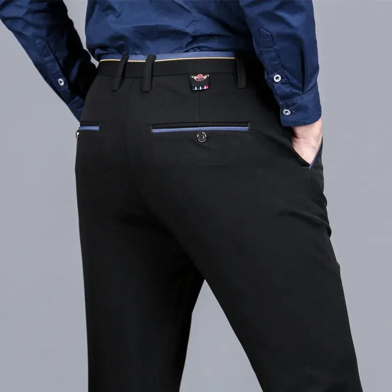 Men's Elastic Straight Pants Business Casual Long Suit Pants Male Formal Trousers Solid Colors Black BLue
