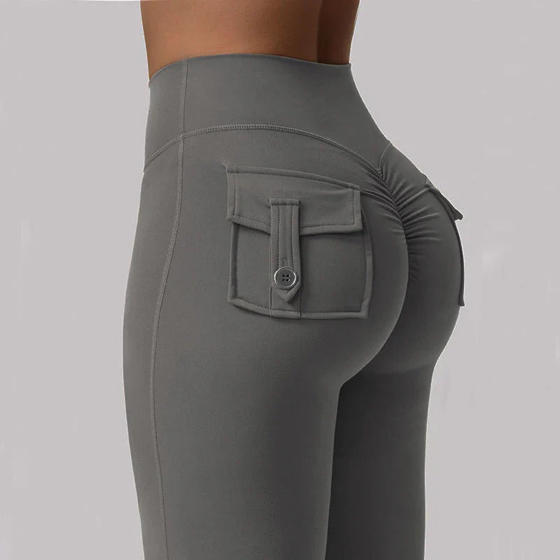 New women's casual flared yoga pants, training flared pants, high waisted work clothes, belt pocket sportswear