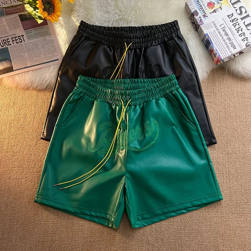 Trendy Brand Men's Shorts Environmental Friendly Leather Pocket Zipper Drawstring Casual Fashionable Summer Loose-Fit Pants
