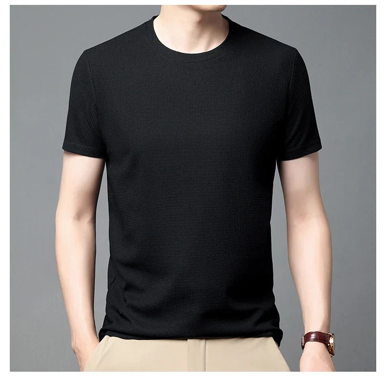 Men's New Summer Waffle round Neck Short Sleeve T-Shirt Comfortable Breathable Short-Sleeved Top for Casual Wear
