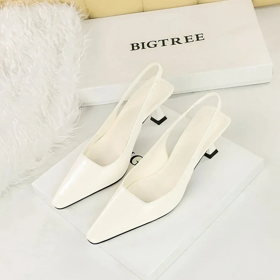 Women 6cm High Heels Retro Streetwear Catwalk Sandles Lady Daily Work Slingback Strap Elastic Mid Heels Glossy Leather Sandals