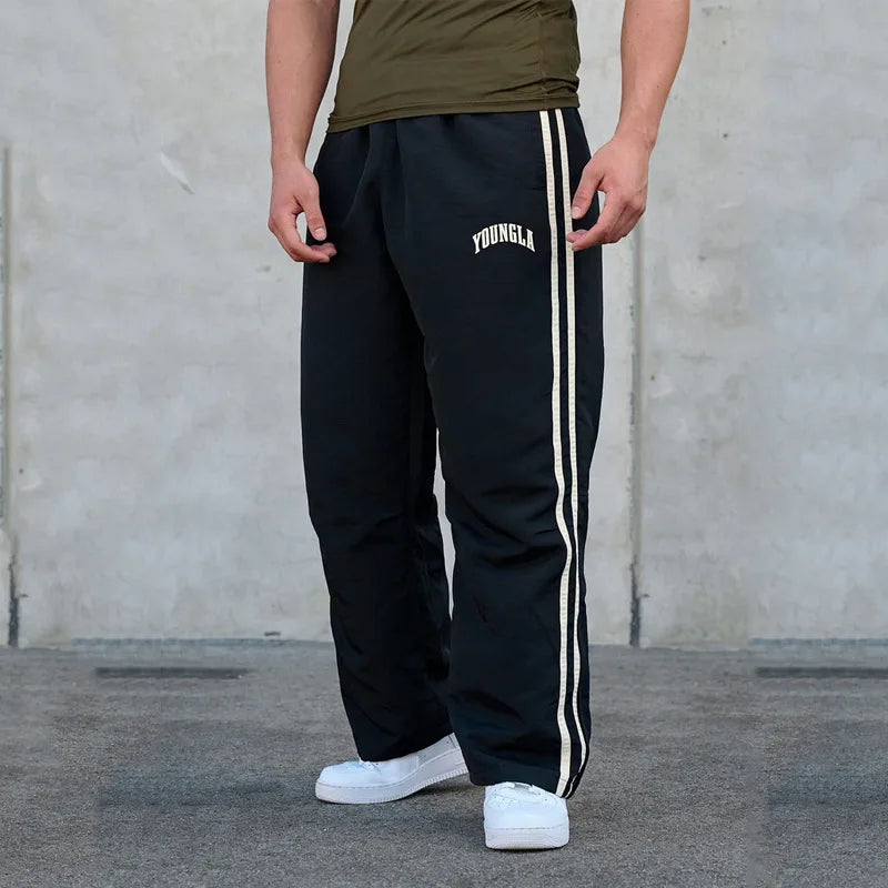 Men's Sweatpants Autumn Winter New Gym Sports Fitness Printed Ribbon Woven Mid Waist Straight Leg Pants Fashionable Casual Pants