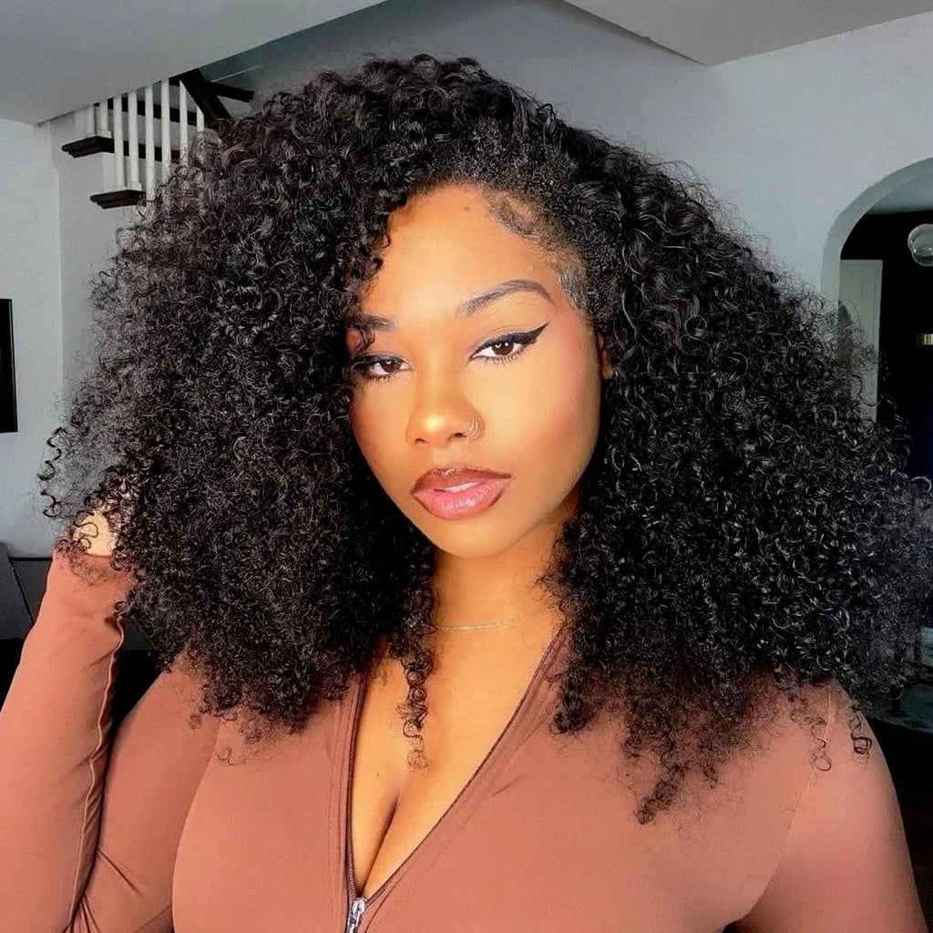 Geeta Half Wigs Human Hair Kinky Curly 3 In 1 Human Hair Wig Seamless Flip Over Half Wig Beginner Friendly Curly Wigs for Women