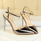 Women 10.5cm High Heels Sandals Lady Metallic Gold Silver Patent Leather Stripper Strap Sandles Wedding Fetish Nightclub Shoes