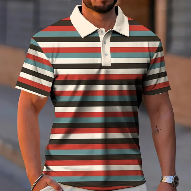 Colorful Stripes 3D Printed Polo Shirt For Men Geometric Color Block Pattern T-Shirt Casual Lapel Tops Loose Short Sleeve Tees