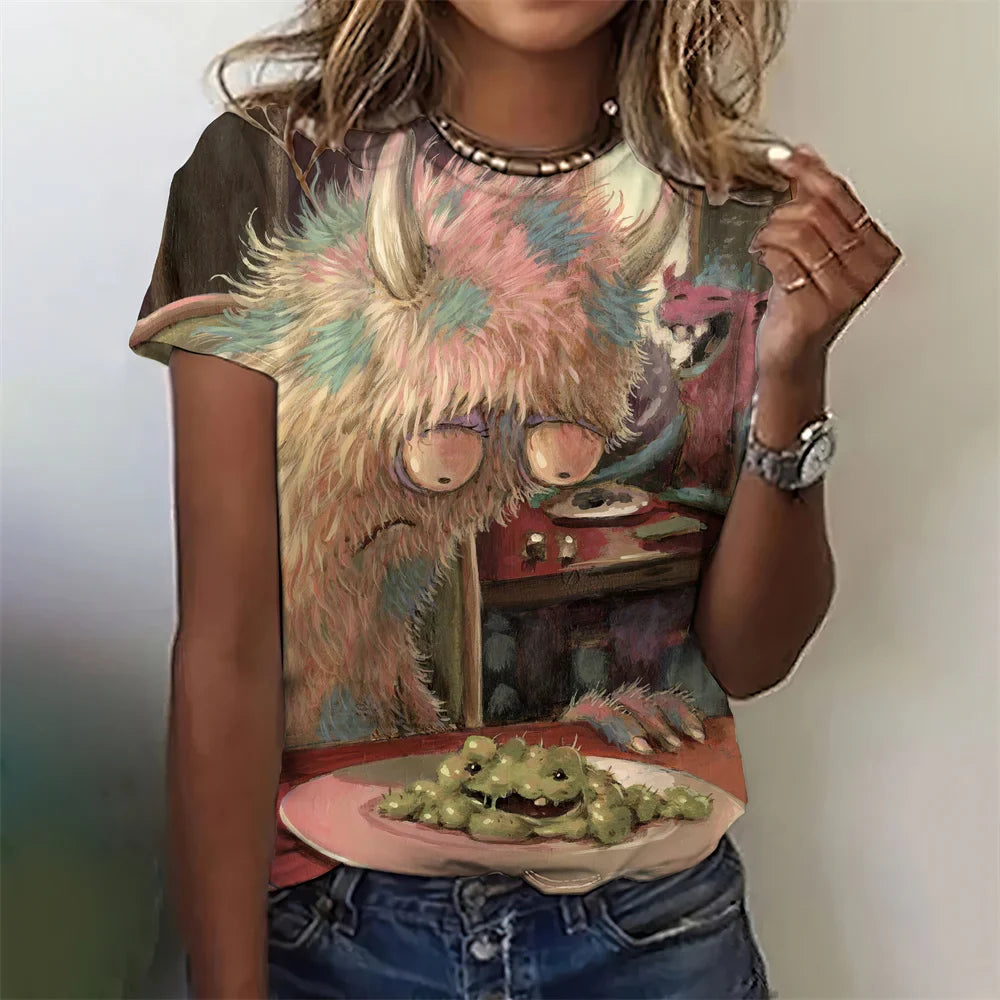 Fashion Woman Funny Cat Print T-Shirts Summer Crew Neck Personalized Graphic T-Shirts Comfort Short Sleeve Tee Woman Clothing