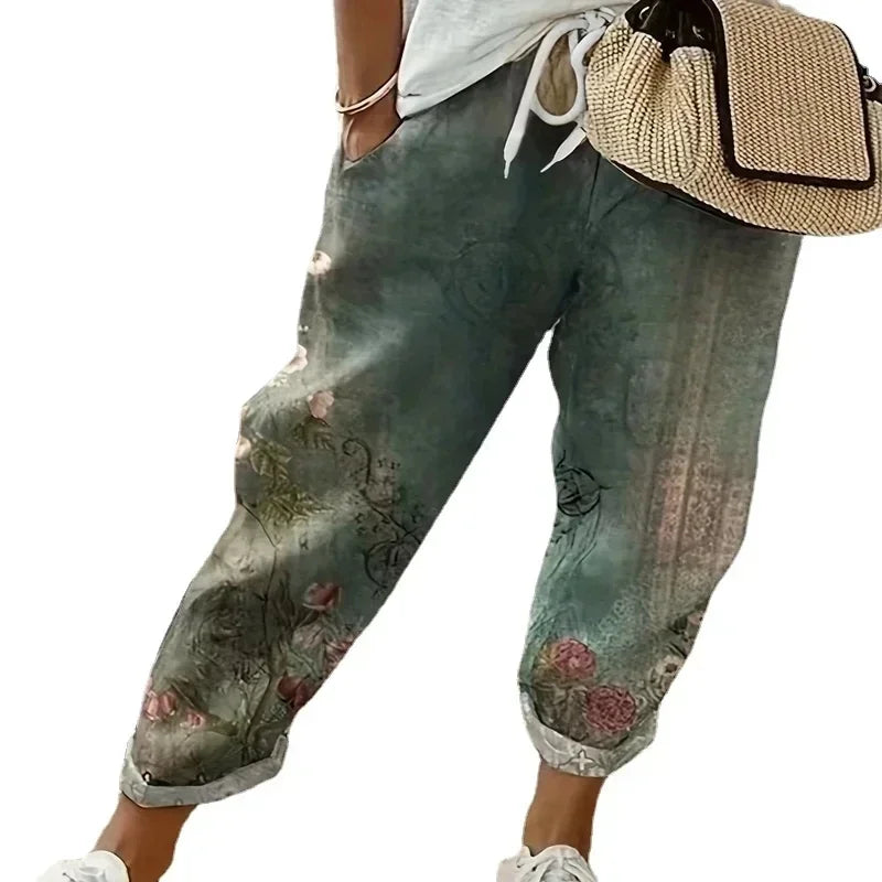 Women's Fashion Plus Size 1XL-5XL Four Seasons Printed Flower Pants Ladies Casual Comfortable Loose Mid-waist Haren Pants