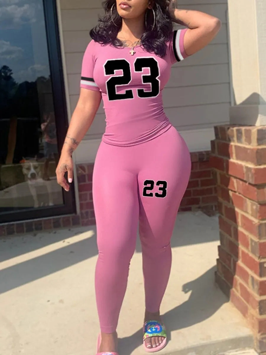 LW Plus Size Number 23 Print Pocket Design Pants Set Pullover Short Sleeve O Neck Top&Sheath Elastic Waist Trousers Fitness 2pc