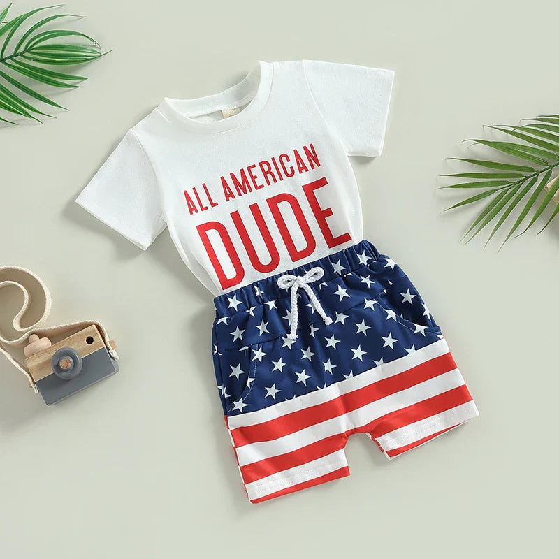 Citgeett Summer Independence Day Toddler Boys Outfits Short Sleeve Letter Print T-Shirts + Front Shorts Clothes Set