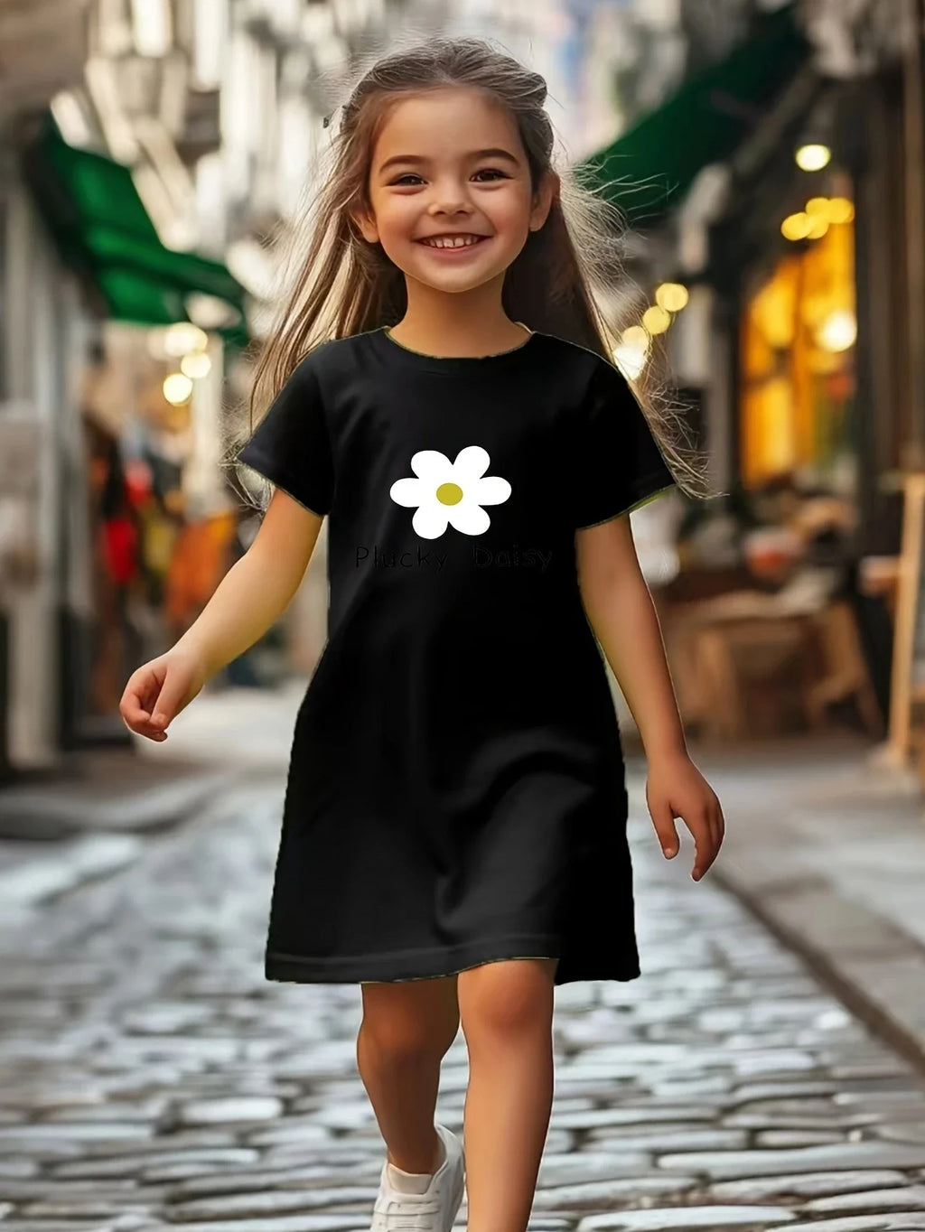 Girls' white floral print dress, comfortable polyester blend, elastic and comfortable