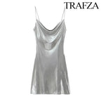 TRAF Women's Metallic Colour Glitter Dress Sexy Backless Sleeveless Spaghetti Strap Dresses Party Bar Sleeveless Short Dresses