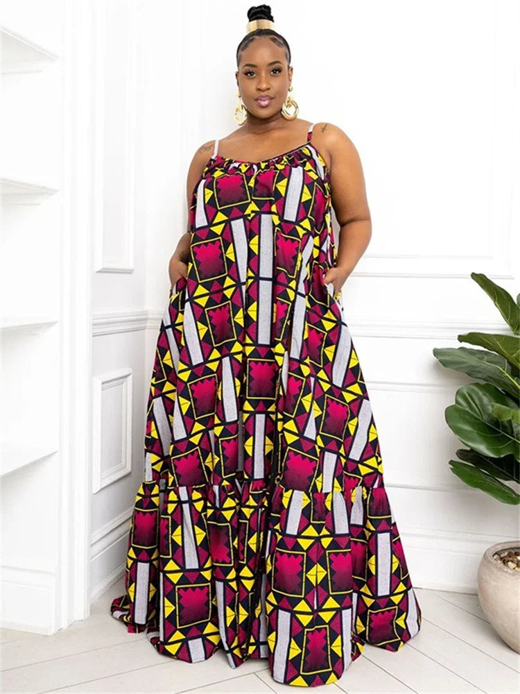 Wmstar Plus Size Dresses for Women Floral Printed Slip  Loose Stretch Big Swing Maxi Dress Summer Clothes Wholesale Dropshipping