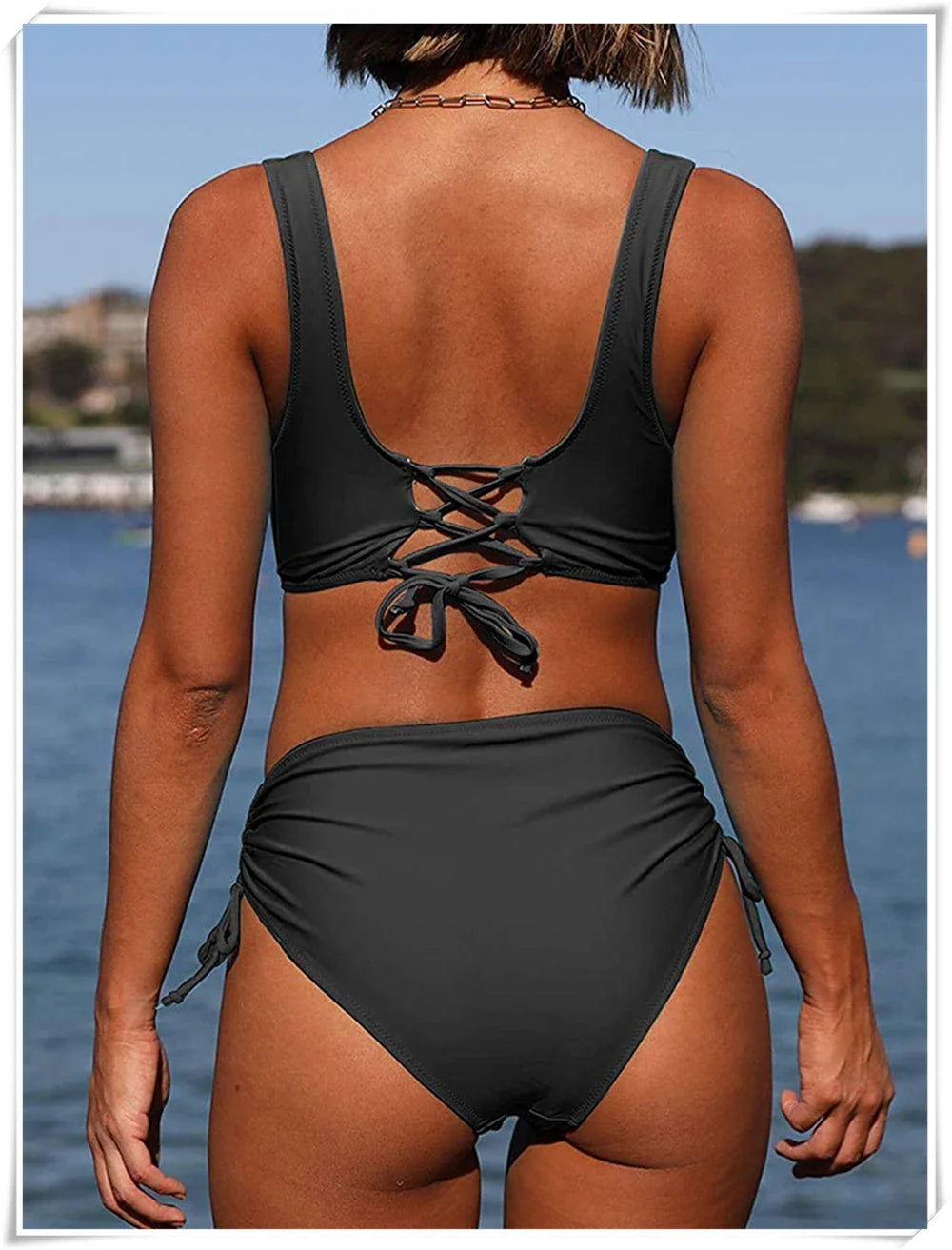 Drawstring High Waist Bikini 2023 Women Solid Swimwear Female Cross Front Swimsuit Padded Beachwear Bather Bathing Swimming Suit