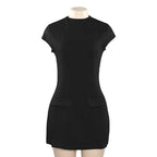 Elegant 2025 New Mini Dresses Fashion Women Black Solid Basic Pocket O-Neck Slim Fit Bodycon Casual High Waist Zipper Vestidos
