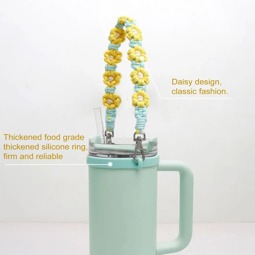 Water Bottle Handle Strap Handmade Flower 16-40oz Tumbler Silicone Safety Ring Cotton Rope Flower Durable Water Bottle Strap