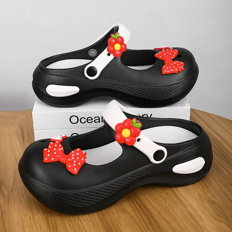 Women Mary Jane Sandals Platform Cute Bow Knot Girl Clogs Arch Support Garden Shoes Slip-on Outdoor Beach Shoes Height Increase