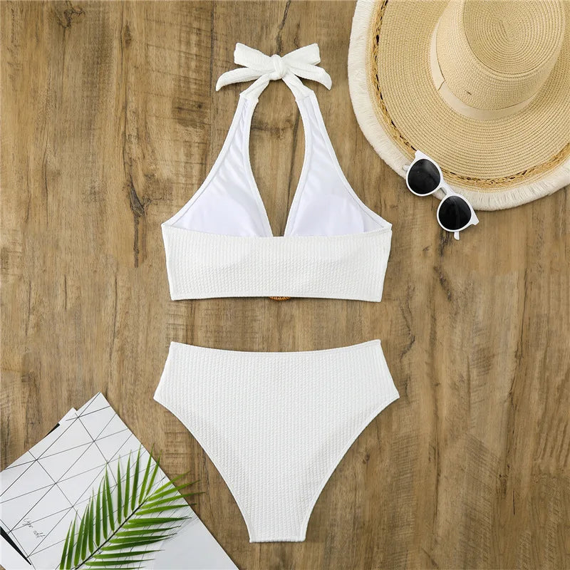 White Ribbed Halter Swimwear High Waisted Bikini Set 2025 Sexy Swimsuit Women Ring Bathing Suit Swimming Wear Bikinis De Mujer
