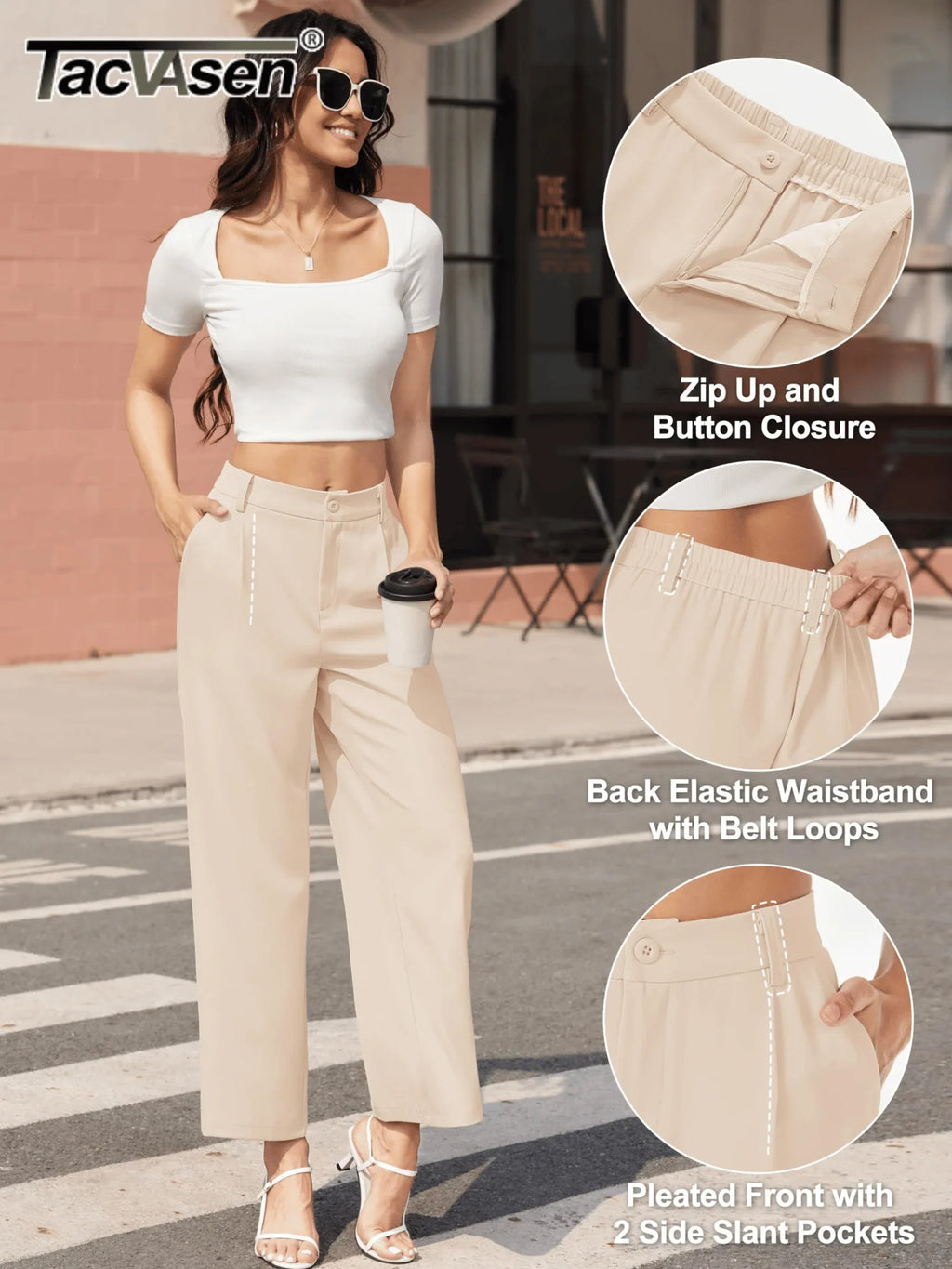 TACVASEN High Waisted Fashion Wide Leg Trousers Womens Loose Casual Long Pants Lightweight Soft Button Closure 2 Pockets Pants