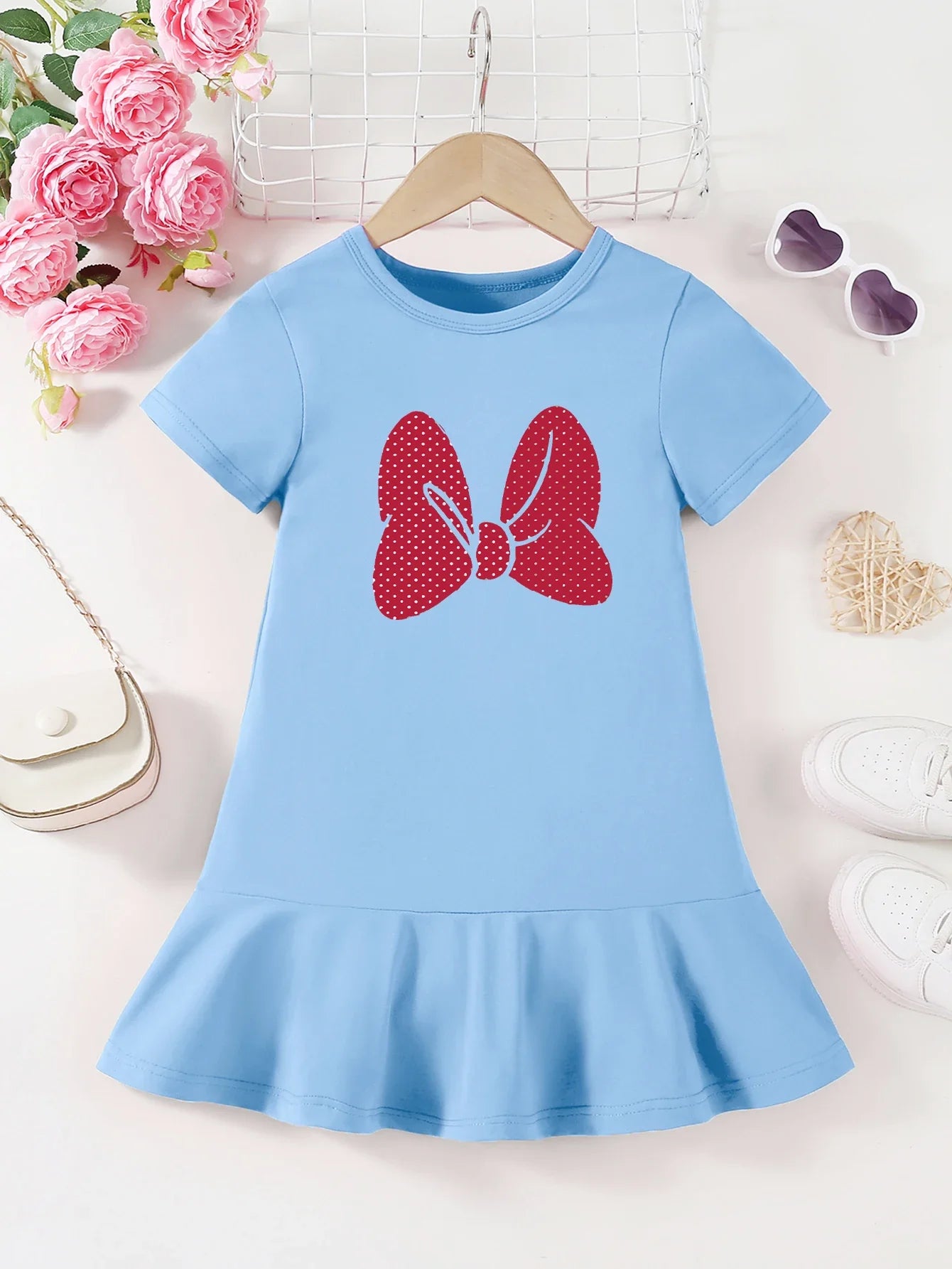 Girls' summer comfortable pattern printed ruffle edge dress, fashionable solid color versatile, suitable for outdoor leisure