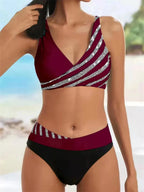 V Neck Bikini Set 2024 Women Stripe Print Patchwork Swimwear Summer Beachwear Swimsuit Female Bathers Bathing Swimming Suit 2XL