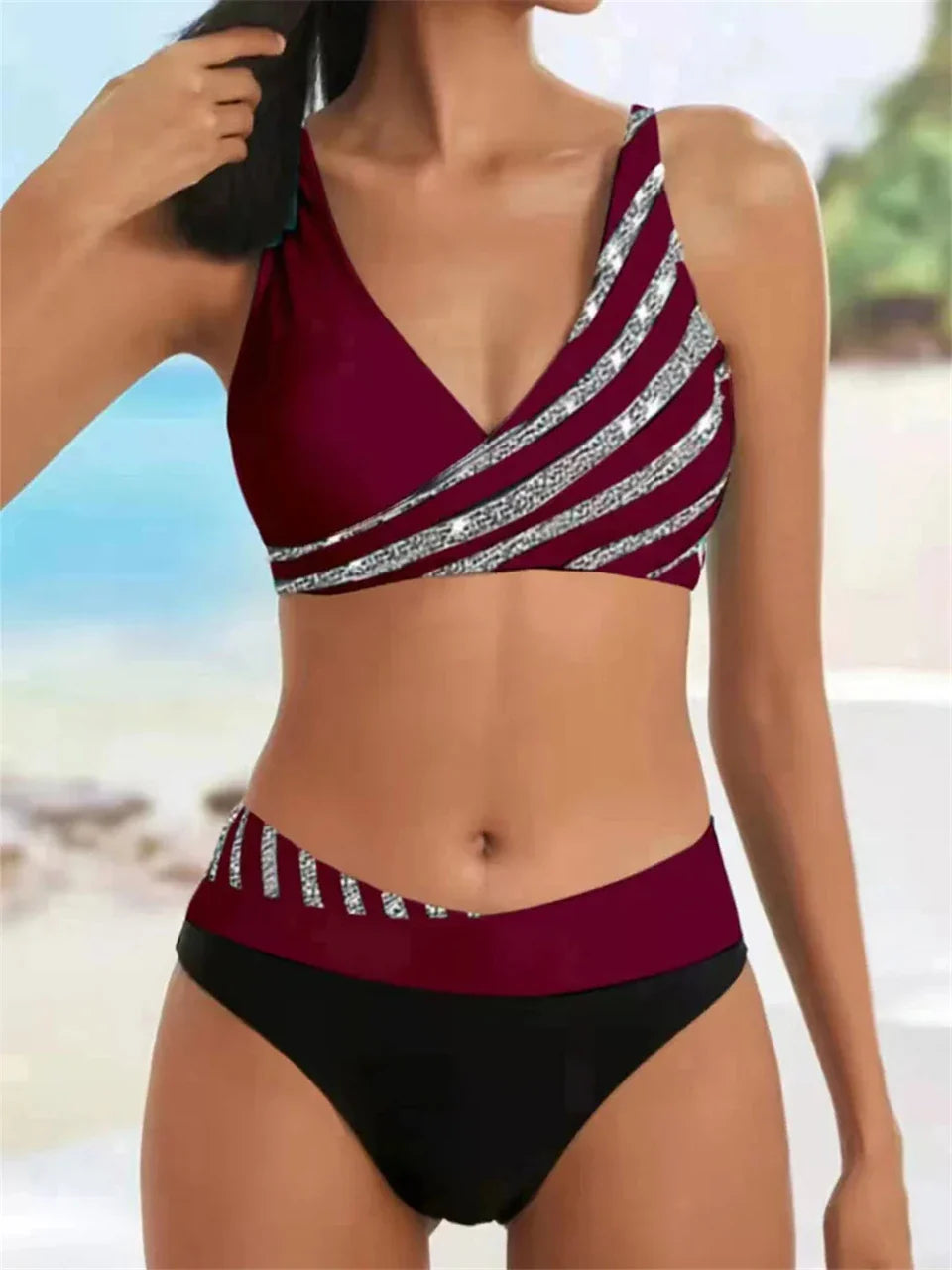 V Neck Bikini Set 2024 Women Stripe Print Patchwork Swimwear Summer Beachwear Swimsuit Female Bathers Bathing Swimming Suit 2XL