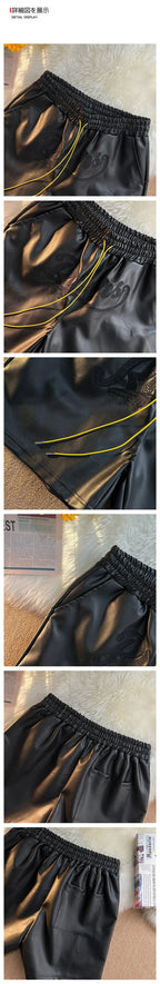 Trendy Brand Men's Shorts Environmental Friendly Leather Pocket Zipper Drawstring Casual Fashionable Summer Loose-Fit Pants