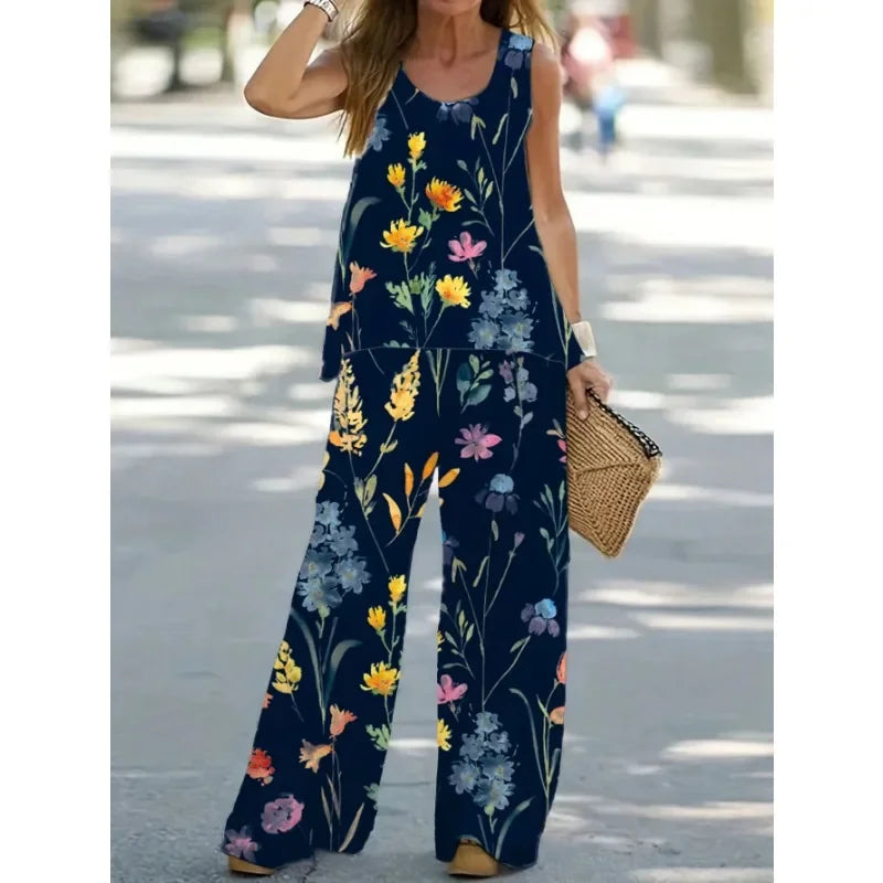 Women's1XL-8XL Plus Size Round Neck Casual Outfits Two Piece Set Solid Tank Top Wide Leg Pants Outfits 2 Piece Set