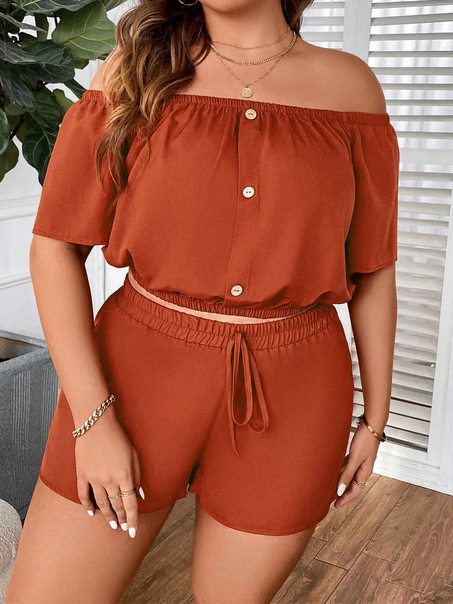 New Plus Size Women's Clothing New Casual One-shoulder Decorative Buckle Solid Colour Loose Short Sleeve Two-piece Set
