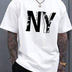 Summer men's 100% pure cotton casual loose plus size NY letter printed sports comfortable round neck short sleeved T-shirt top