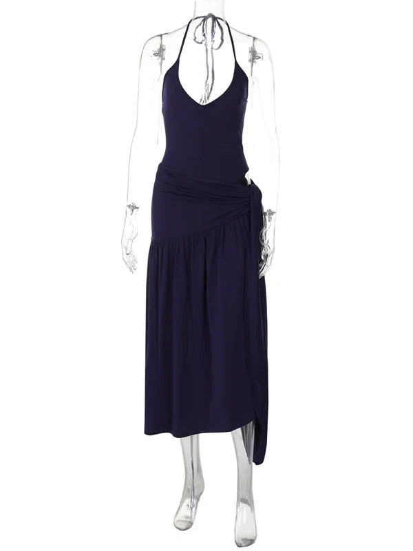 Women Sexy Cut Out Dress Sets Halter Deep V Neck Bodysuit and Tie Maxi Long Skirt Set 2025 Summer Two 2 Piece Vacation Outfits