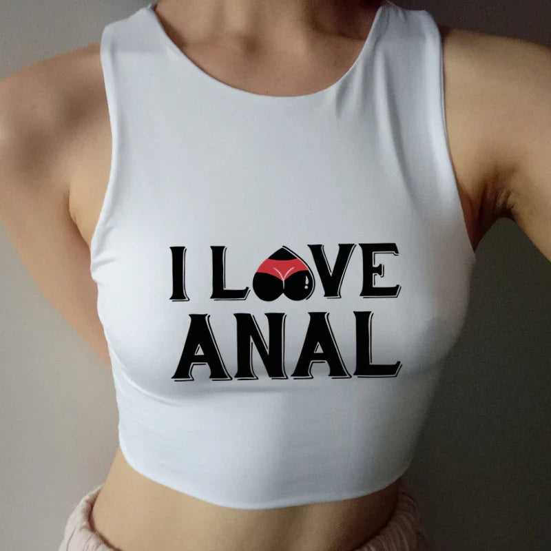 I LOVE ANAL Letters Print Summer Fashion Women Sexy Slim Tops O-neck Sleeveless Double Nylon Ladies Good Quality Tank Top