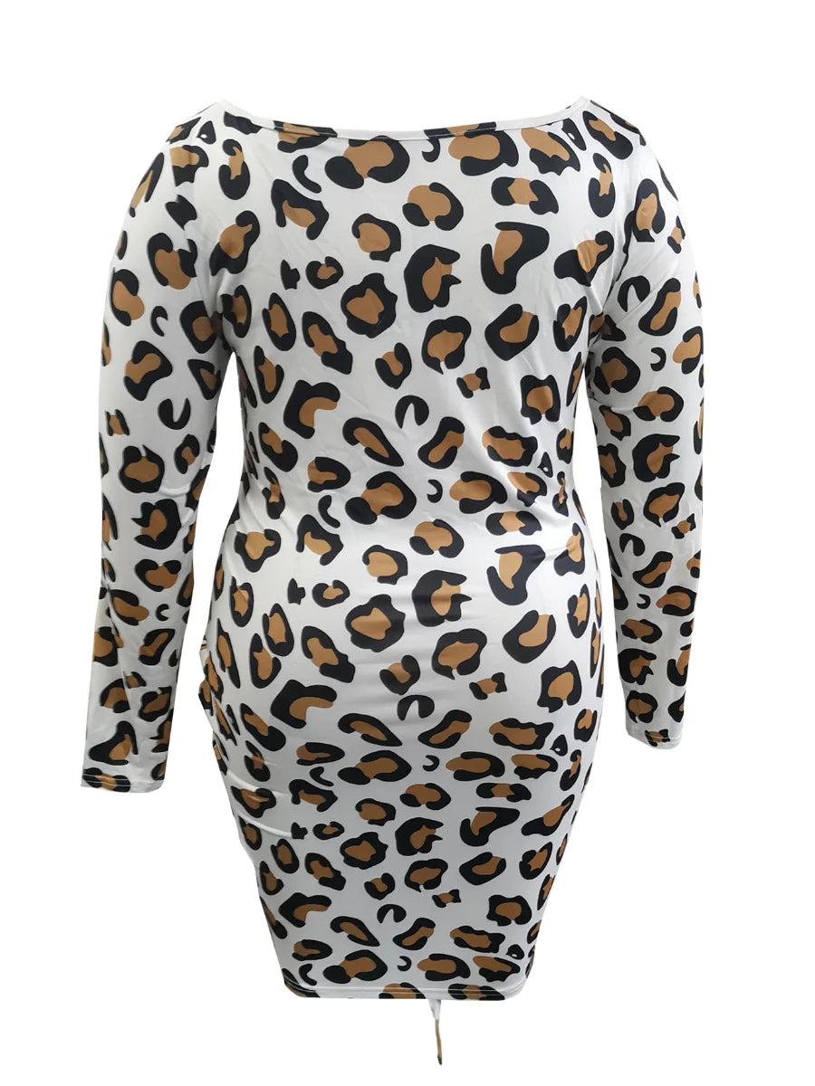 L-5XL LW Plus Size Elegant Off The Shoulder Leopard Print Mid Calf Dress Spring Summer Bateau Neck Ruched Bodycon Dresses