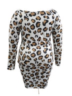 L-5XL LW Plus Size Elegant Off The Shoulder Leopard Print Mid Calf Dress Spring Summer Bateau Neck Ruched Bodycon Dresses