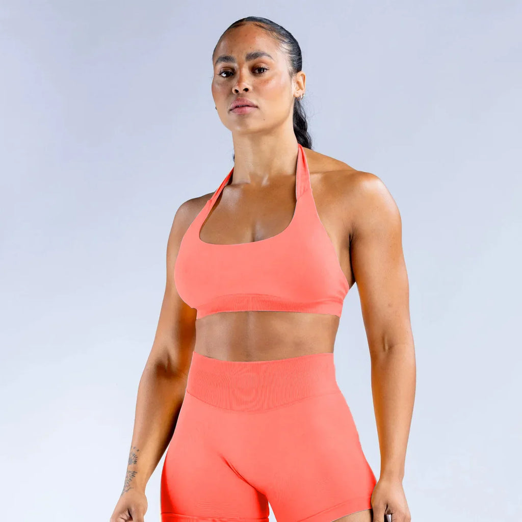 D LOGO Sports Bra Women Seamless Halter Neck Strap Bra with Logo Padded Open Back Yoga Top Bra Medium Support Gym Crop Top