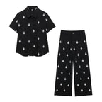 ZEVITY New Women Fashion Geometric Embroidery Wide Leg Pants High Waist Female Chic Zipper Fly Ankle Length Trousers Mujer P6247