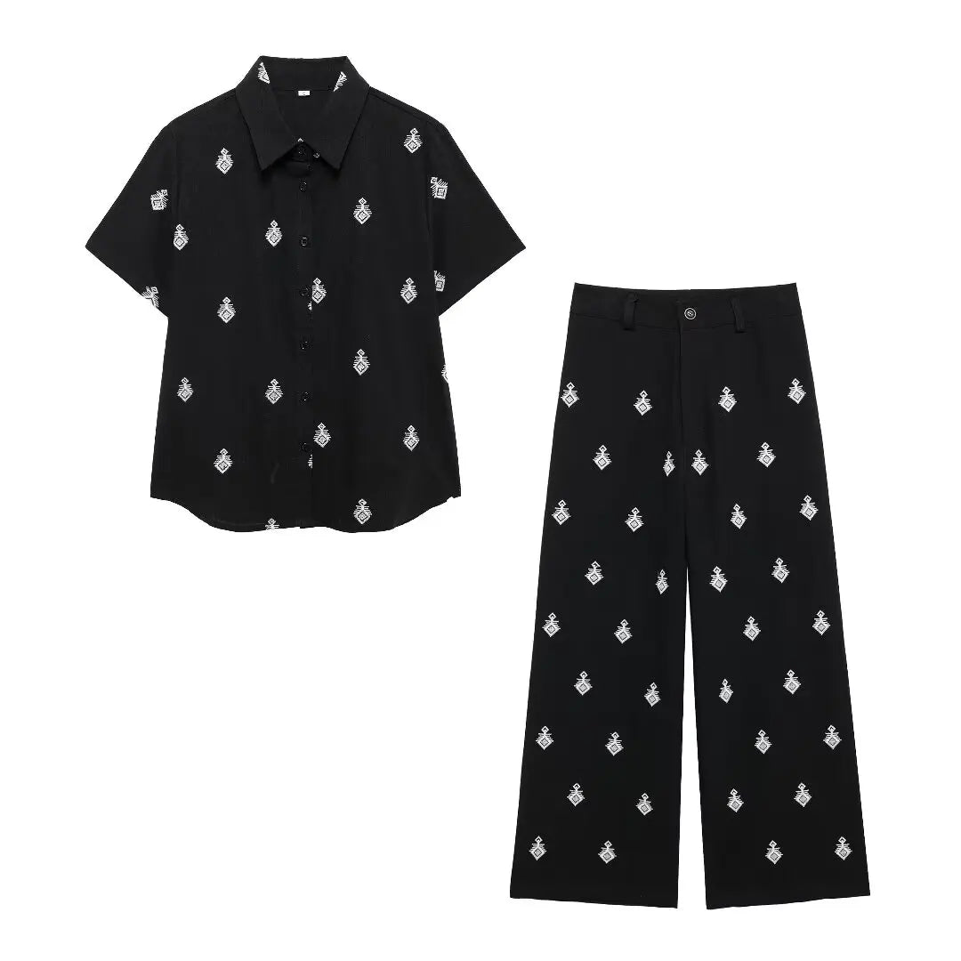 ZEVITY New Women Fashion Geometric Embroidery Wide Leg Pants High Waist Female Chic Zipper Fly Ankle Length Trousers Mujer P6247