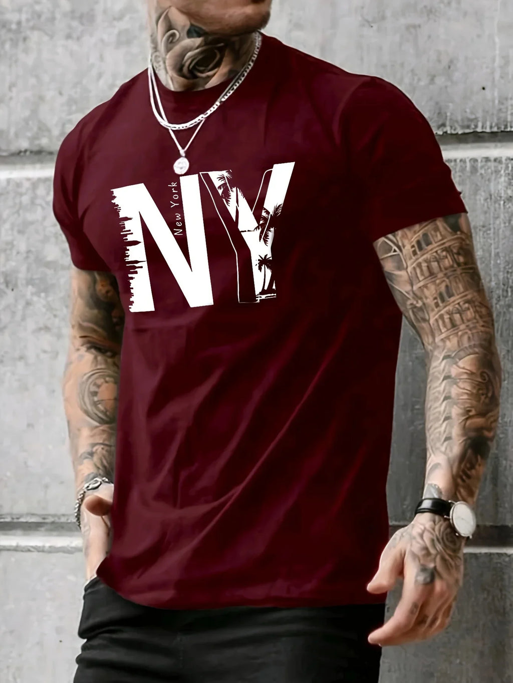 Summer men's 100% pure cotton casual loose plus size NY letter printed sports comfortable round neck short sleeved T-shirt top
