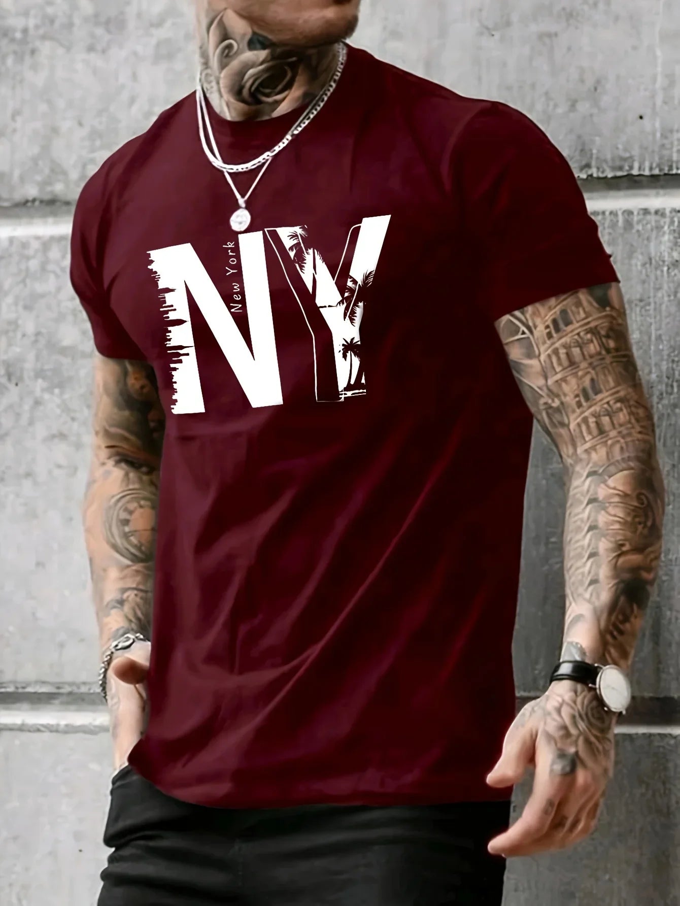 Summer men's 100% pure cotton casual loose plus size NY letter printed sports comfortable round neck short sleeved T-shirt top