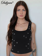 Dulzura Ribbed Sleeveless Crop Tank With Water Droplets Diamond Decorate Sexy Elegant Top Party Club Streetwear Spring Summer