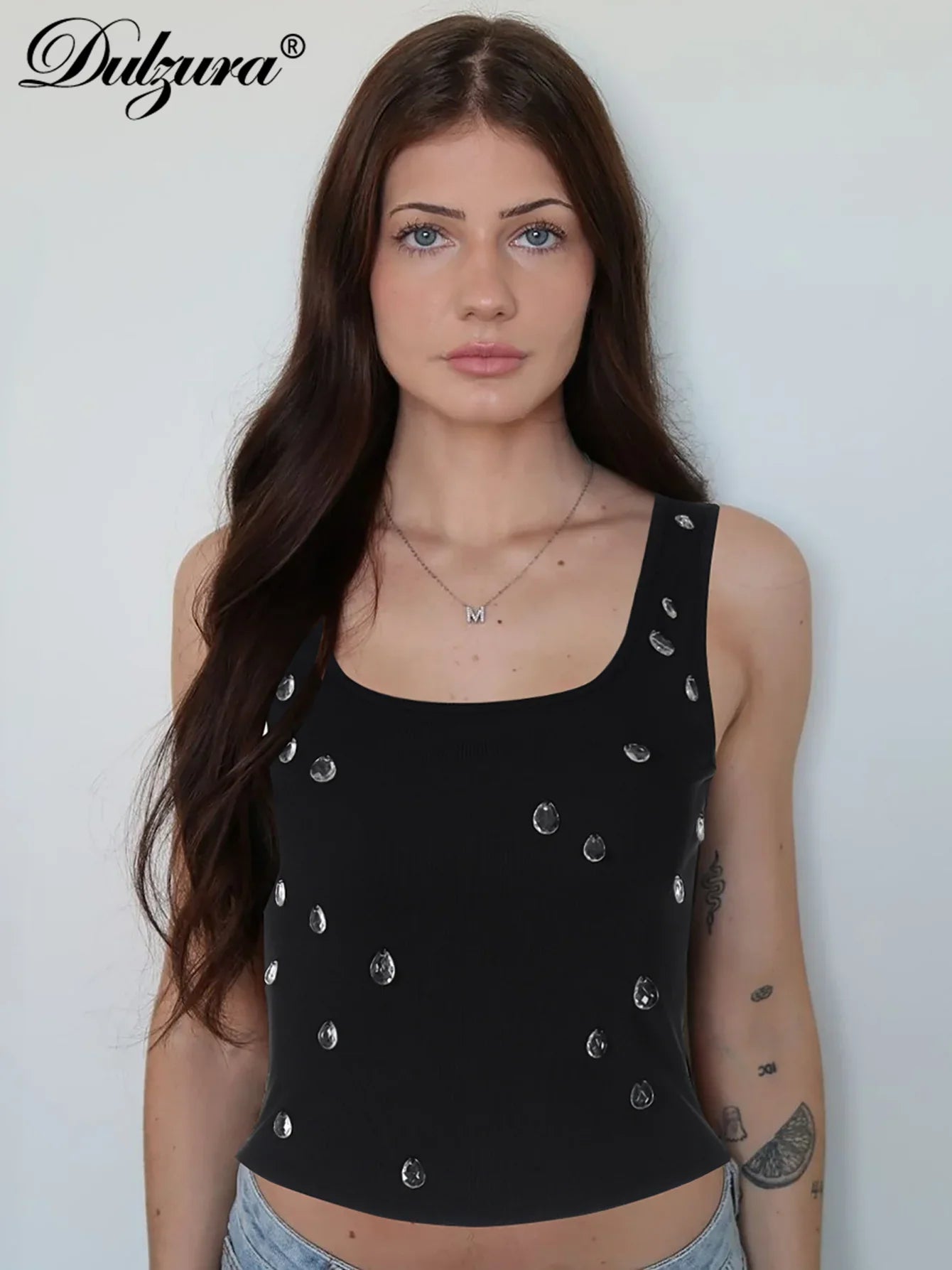 Dulzura Ribbed Sleeveless Crop Tank With Water Droplets Diamond Decorate Sexy Elegant Top Party Club Streetwear Spring Summer