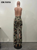 CM.YAYA Fashion women camouflage cutout cross criss straight cargo pants 2023 autumn winter safari style trousers