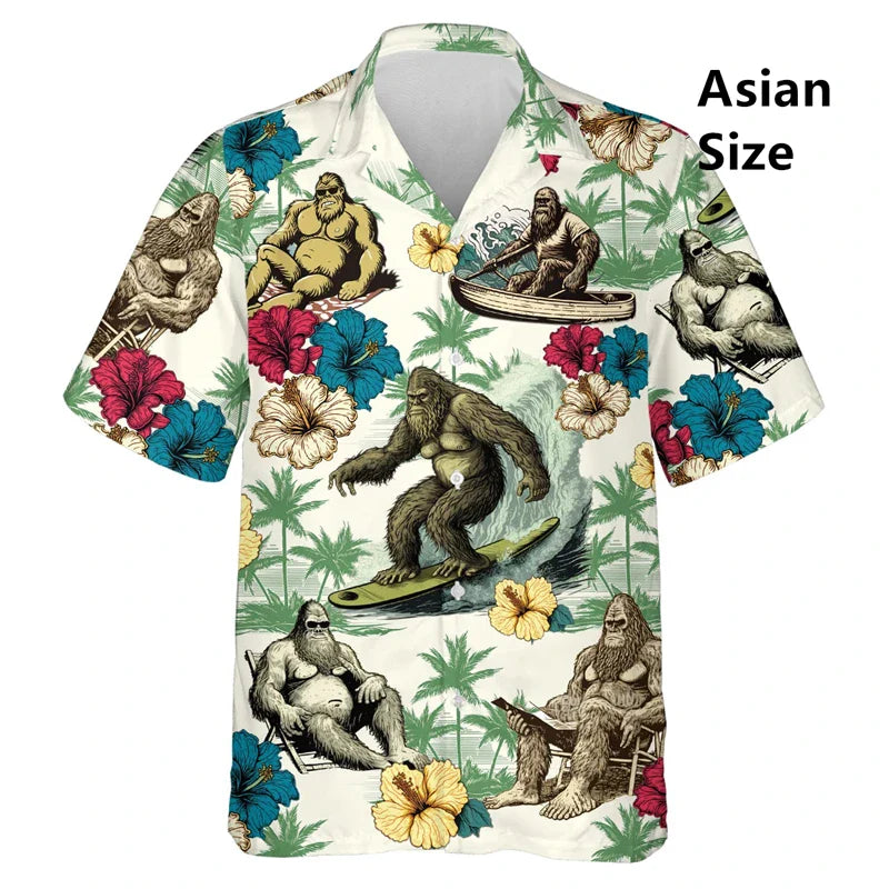 Hawaiian Bigfoot Pirate Man Shirts Women Tropical Summer Aloha Casual Shirts Button Down Short Sleeve Sasquatch Shirt Clothing