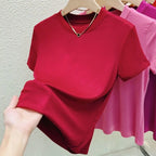 Women's Elastic Crew Neck T-Shirt Solid Ribbed Tops Pink Short Sleeve Tight Bottom Basic Shirt Casual Sexy Slim Summer Tops Tee